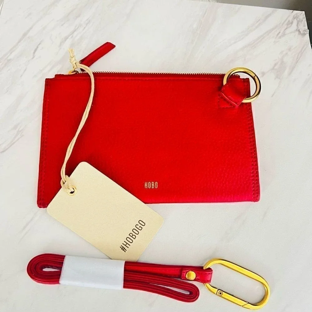 HOBO GO Tour Leather‎ Zip Pouch Bag, Wristlet, with Lanyard, Red/Gold, NWT